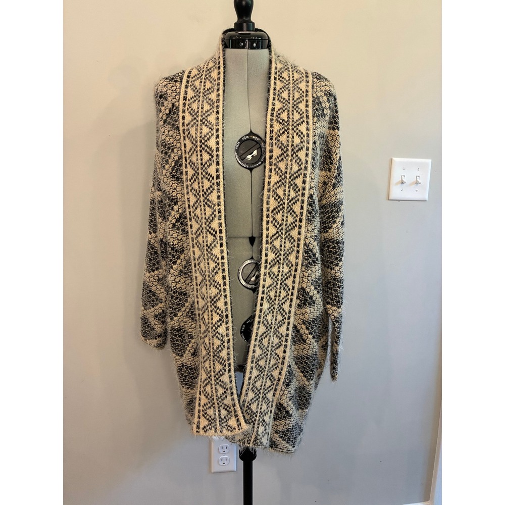 Simply Couture Black Cream Diamond Eyelash Knit Longline Cardigan Sweater